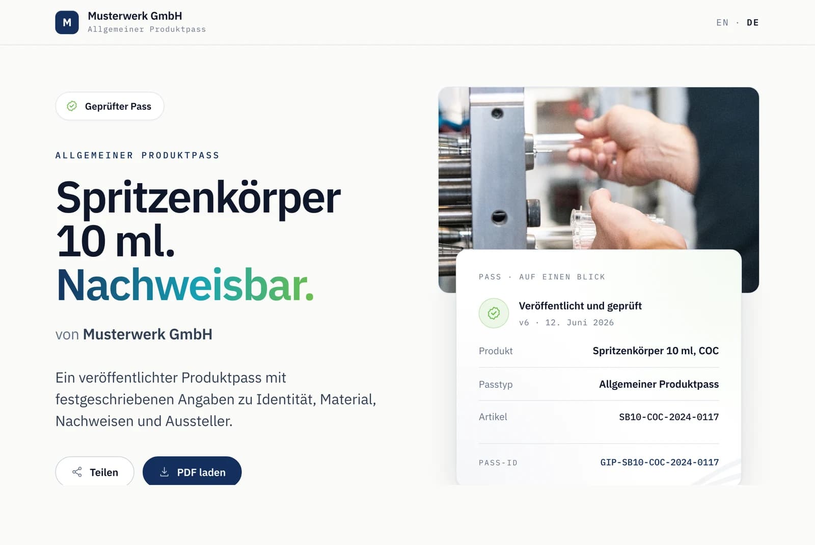Produktpass-Seite in Verlink, Entwurf mit Beispieldaten